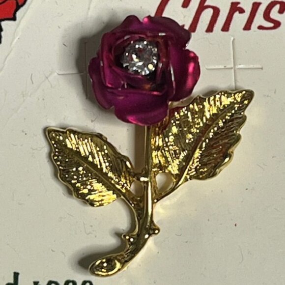VTG "A Christmas Rose" Lapel Hat Pin Gold Tone w/Rhinestone Hope Love 1.25" - Picture 2 of 12